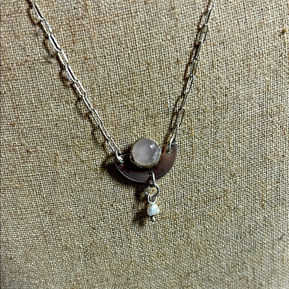 Elegant Silver Necklace with Moonstone & Pearl Silver Pendant